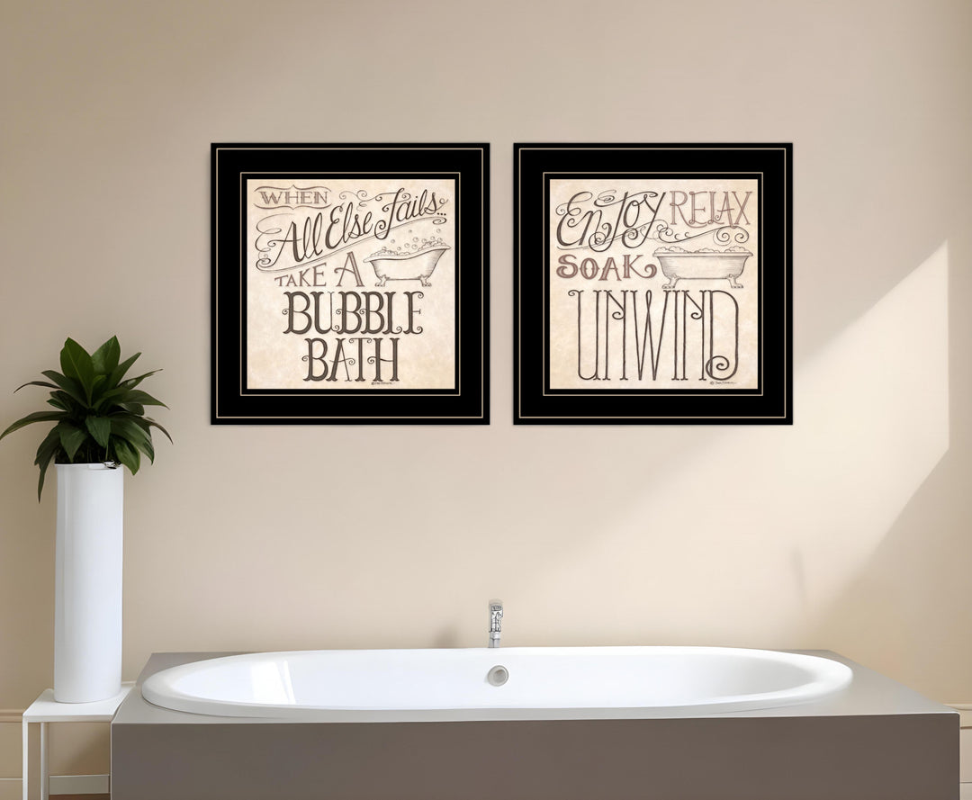 Set Of Two Soak and Unwind 3 Black Framed Print Bathroom Wall Art