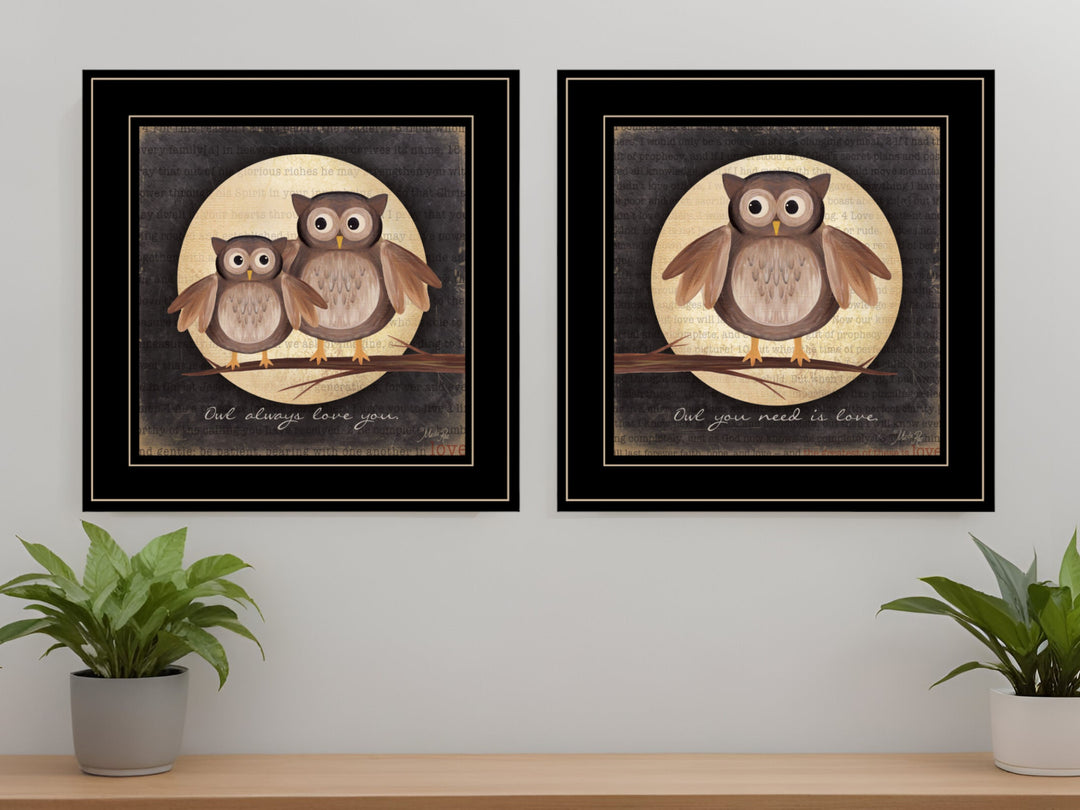 Set Of Two Owl Always Love and Need You 2 Black Framed Print Wall Art