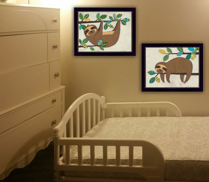 Set Of Two Cute Sloths 1 Black Framed Print Wall Art