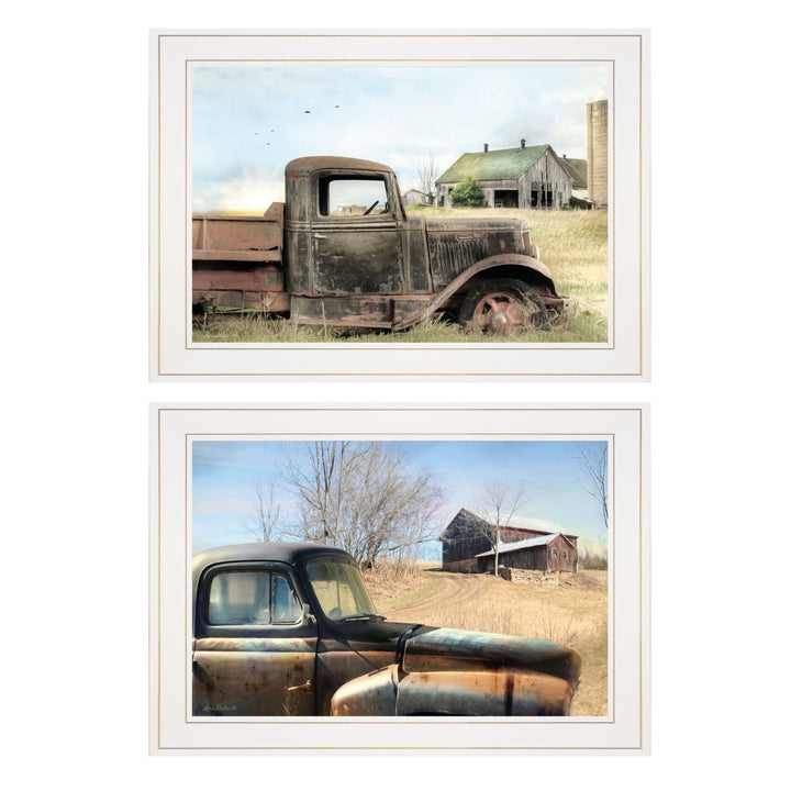 Set Of Two Vintage Farm Trucks 1 White Framed Print Wall Art