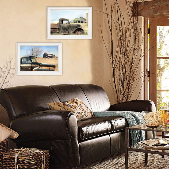 Set Of Two Vintage Farm Trucks 1 White Framed Print Wall Art