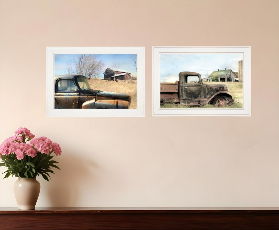 Set Of Two Vintage Farm Trucks 1 White Framed Print Wall Art