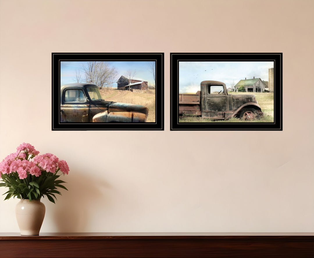 Set Of Two Vintage Farm Trucks 2 Black Framed Print Wall Art