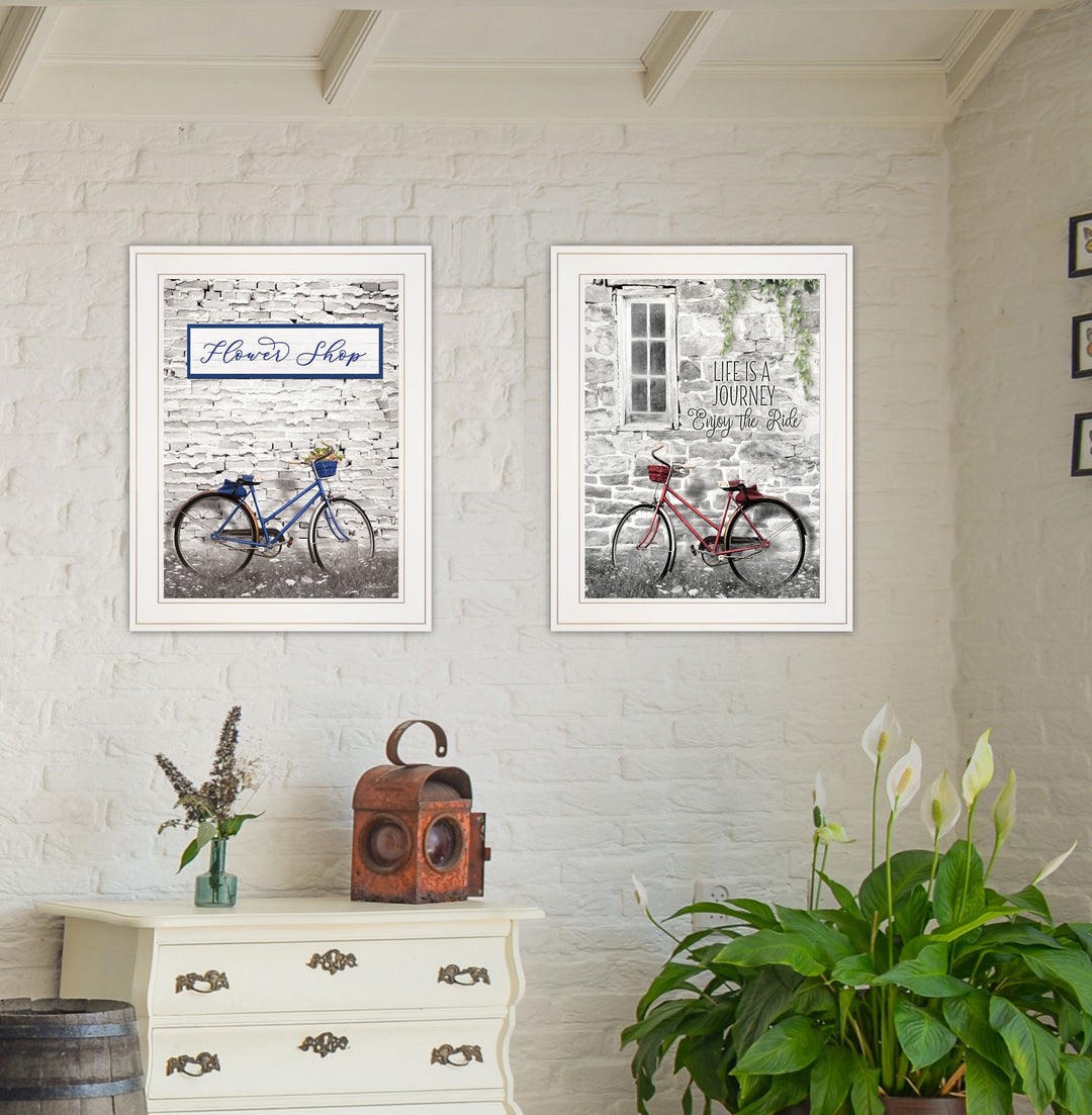 Set Of Two Romantic Bicycles 1 White Framed Print Wall Art