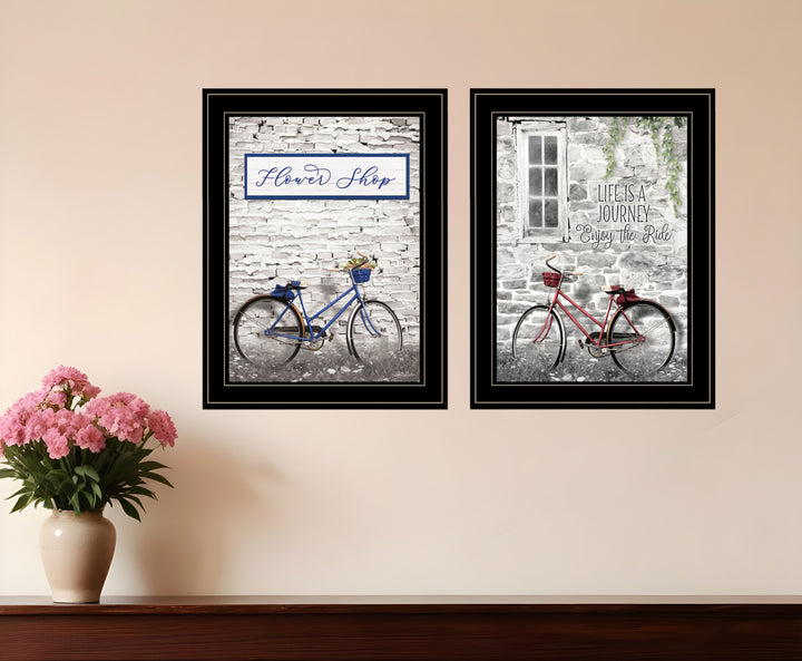 Set Of Two Romantic Bicycles 2 Black Framed Print Wall Art