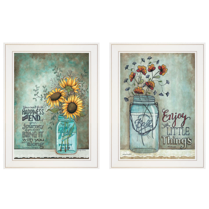 Set Of Two Enjoy the Little Things or Happiness 1 White Framed Print Wall Art