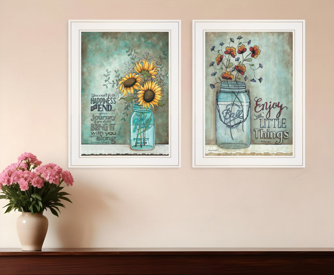 Set Of Two Enjoy the Little Things or Happiness 1 White Framed Print Wall Art