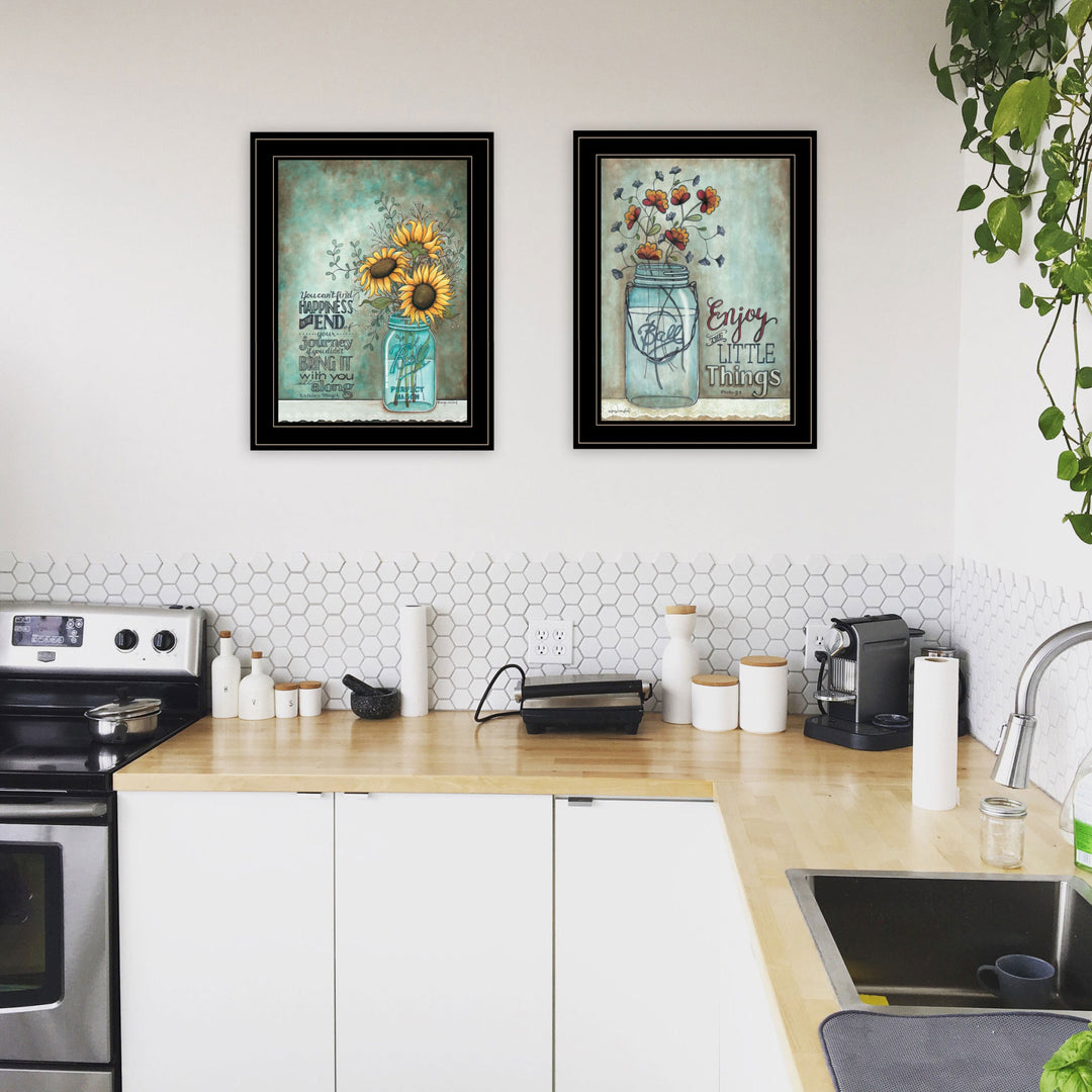 Set Of Two Enjoy the Little Things or Happiness 2 Black Framed Print Wall Art