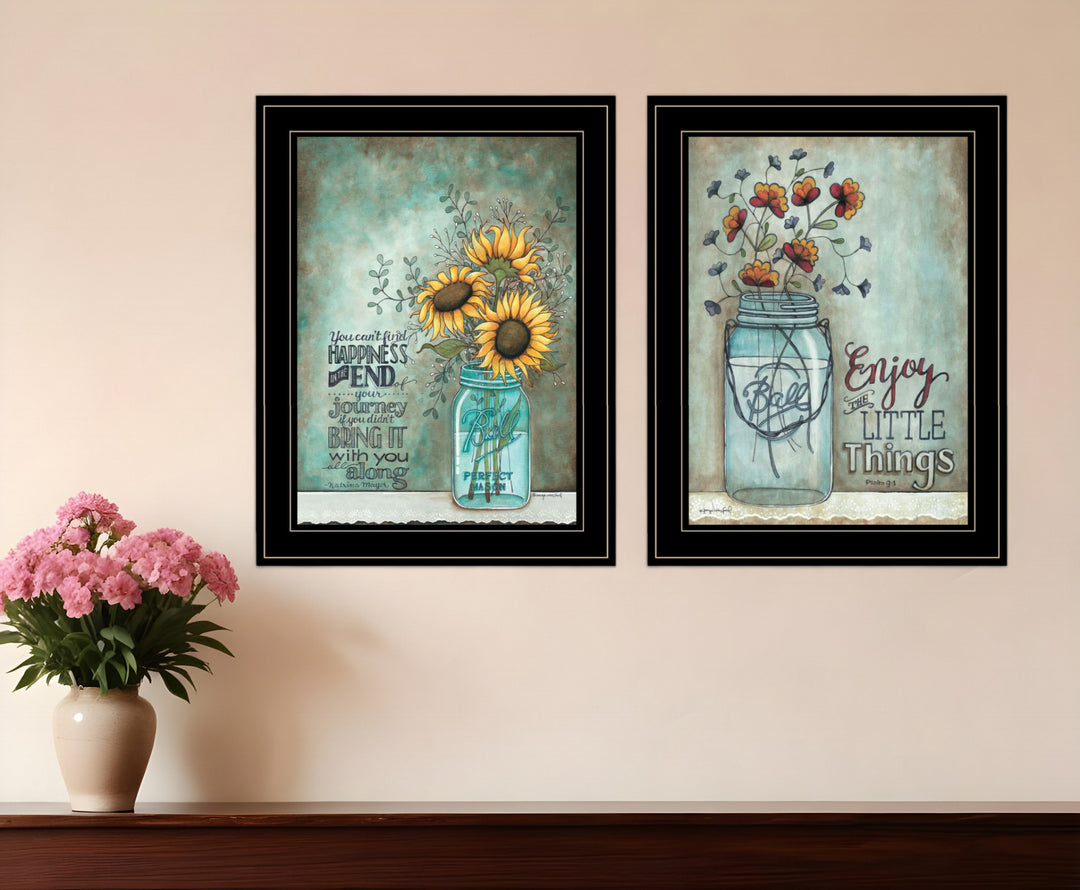 Set Of Two Enjoy the Little Things or Happiness 2 Black Framed Print Wall Art