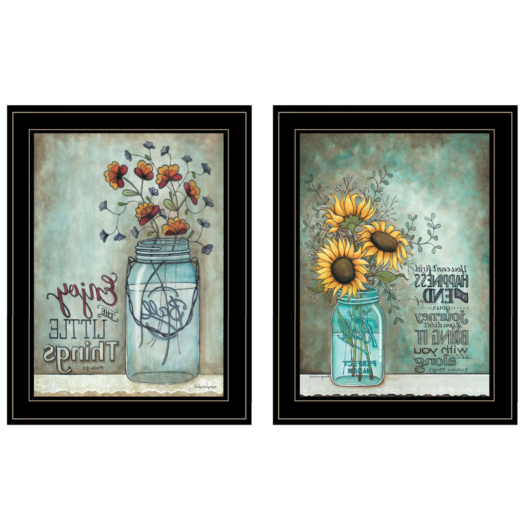 Set Of Two Enjoy the Little Things or Happiness 2 Black Framed Print Wall Art