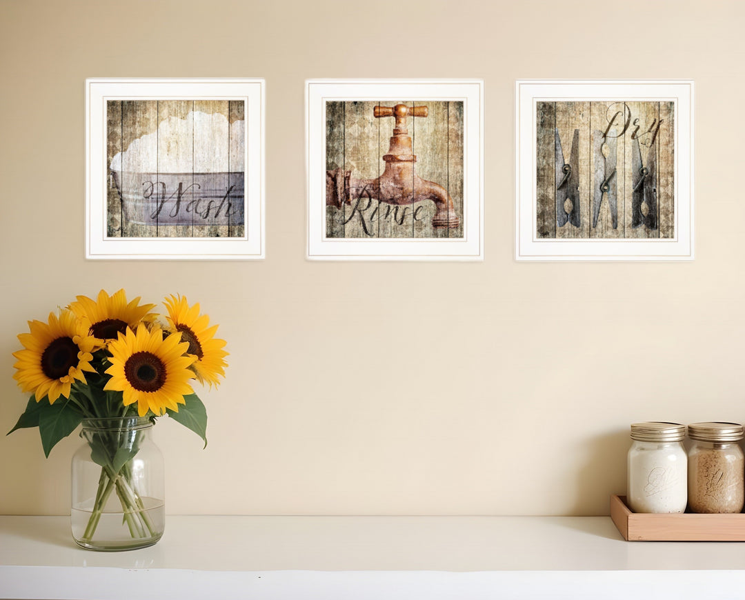 Set Of Three Wash 1 White Framed Print Bathroom Wall Art