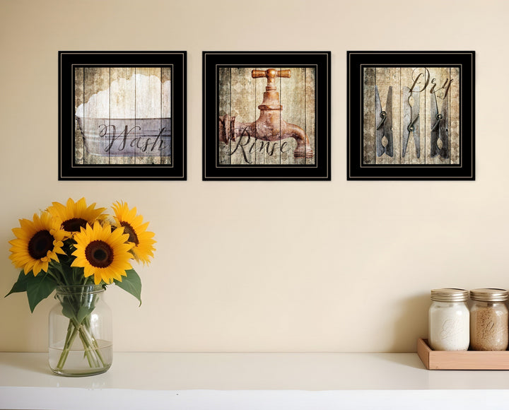 Set Of Three Wash 2 Black Framed Print Bathroom Wall Art