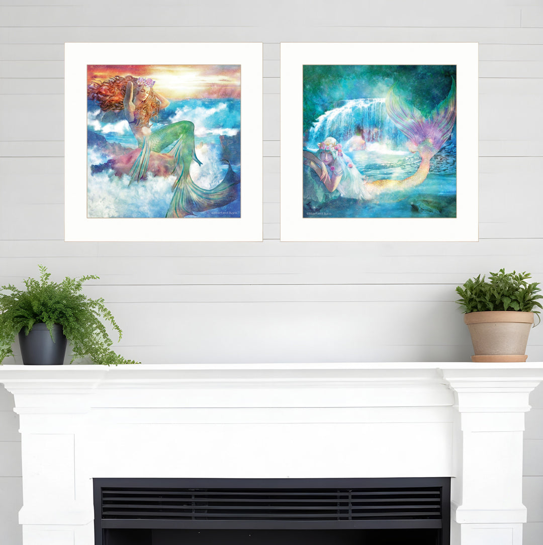 Set Of Two Mermaids 1 White Framed Print Wall Art