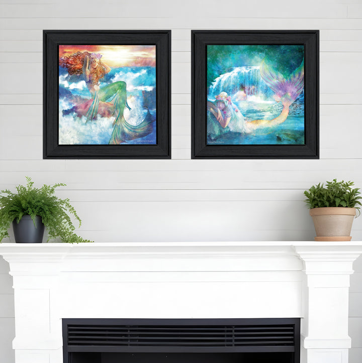 Set Of Two Mermaids 2 Black Framed Print Wall Art