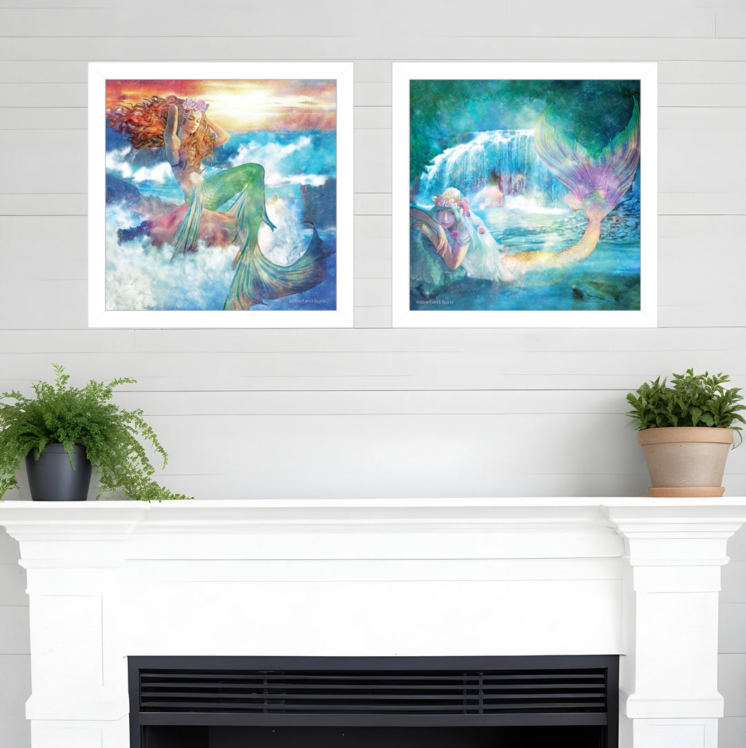 Set Of Two Mermaids 3 White Framed Print Wall Art