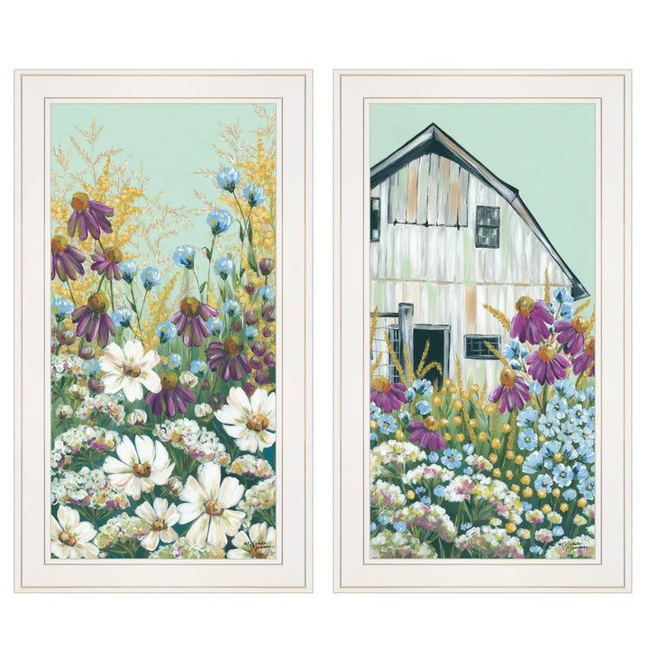 Set Of Two Floral Field 1 White Framed Print Wall Art