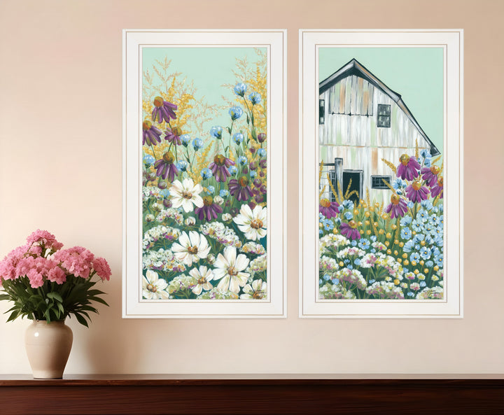 Set Of Two Floral Field 1 White Framed Print Wall Art