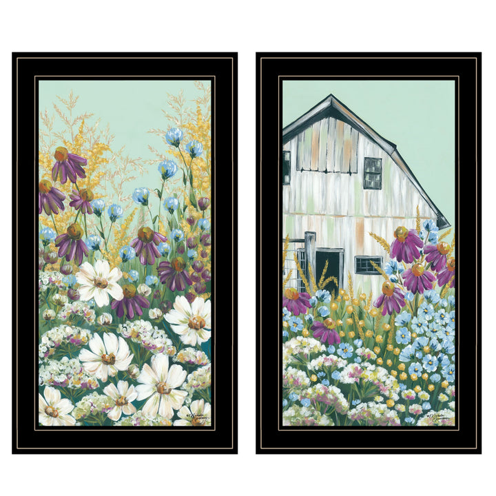 Set Of Two Floral Field 2 Black Framed Print Wall Art