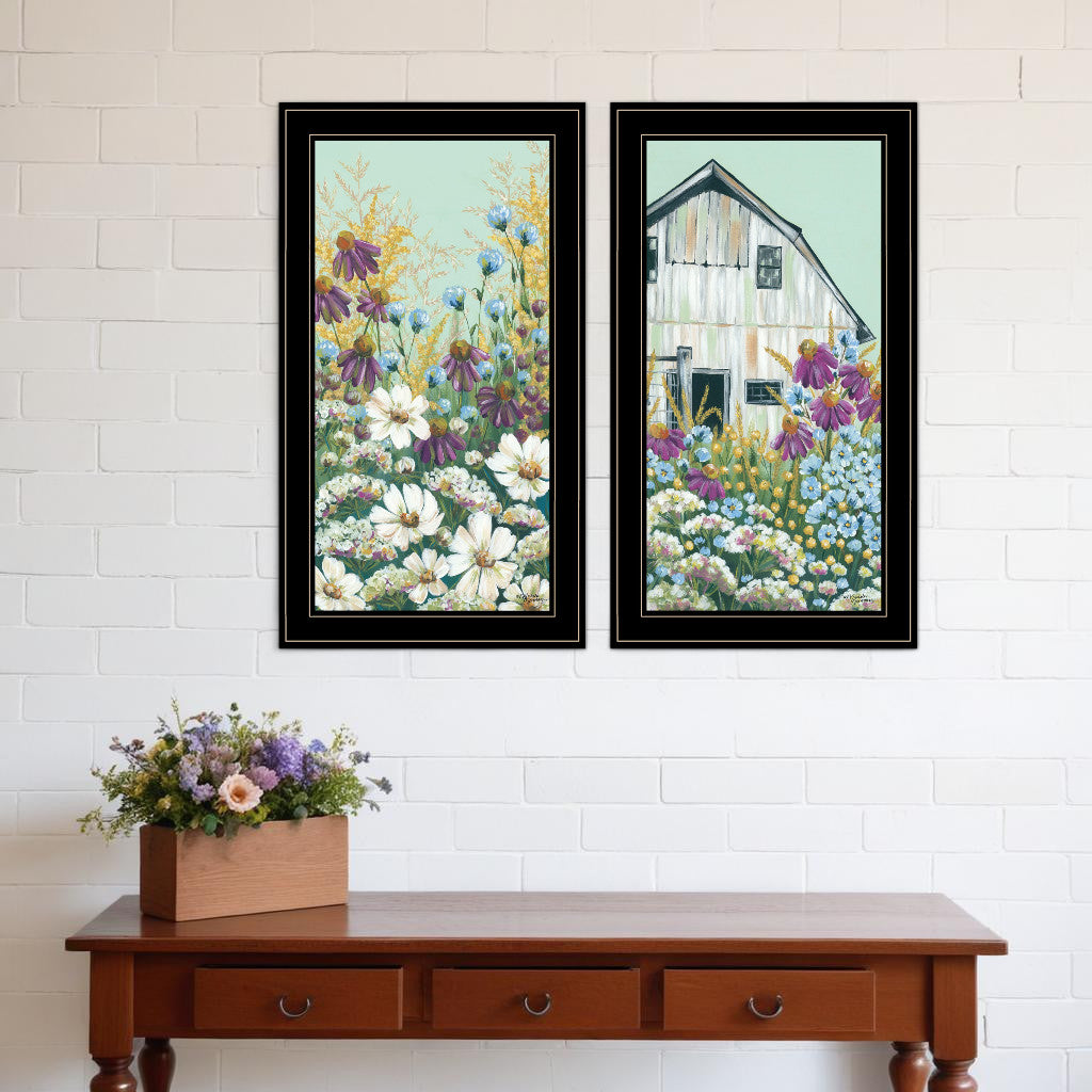 Set Of Two Floral Field 2 Black Framed Print Wall Art