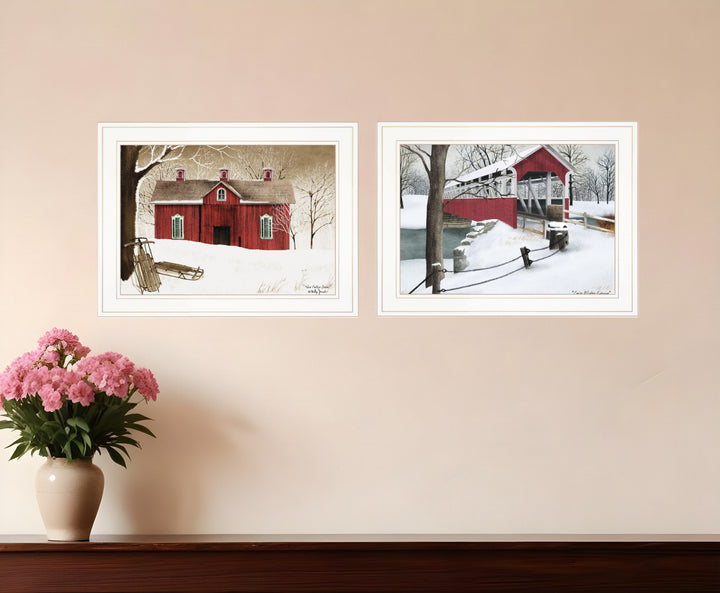 Set Of Two Winter Evening 1 White Framed Print Wall Art