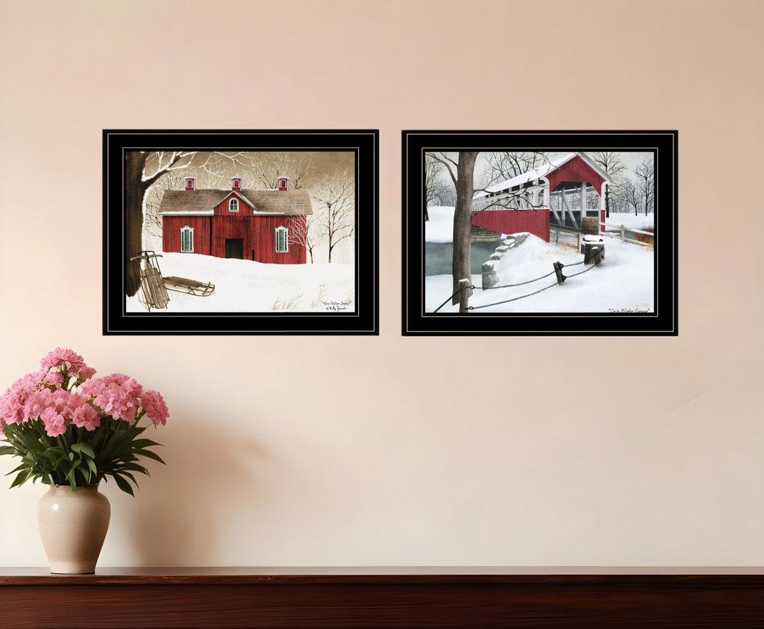 Set Of Two Winter Evening 2 Black Framed Print Wall Art