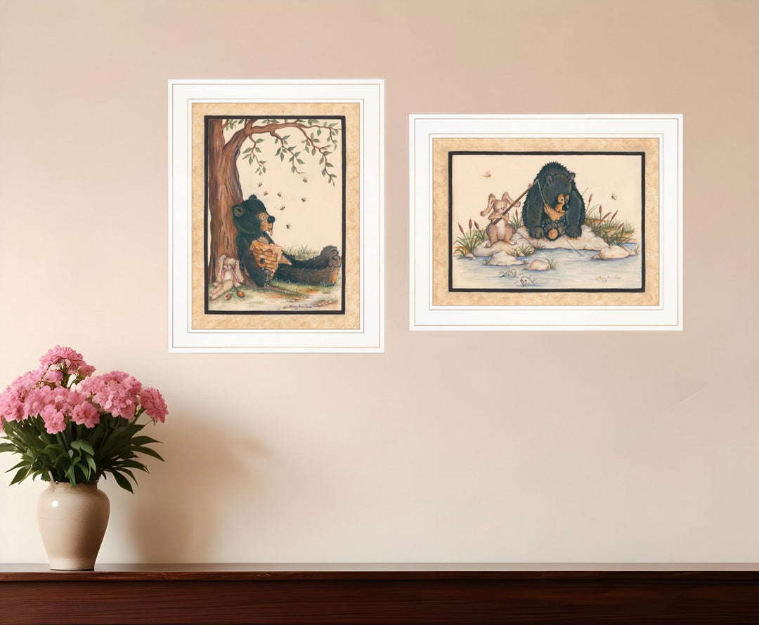 Set Of Two Gone Fishing 1 White Framed Print Wall Art