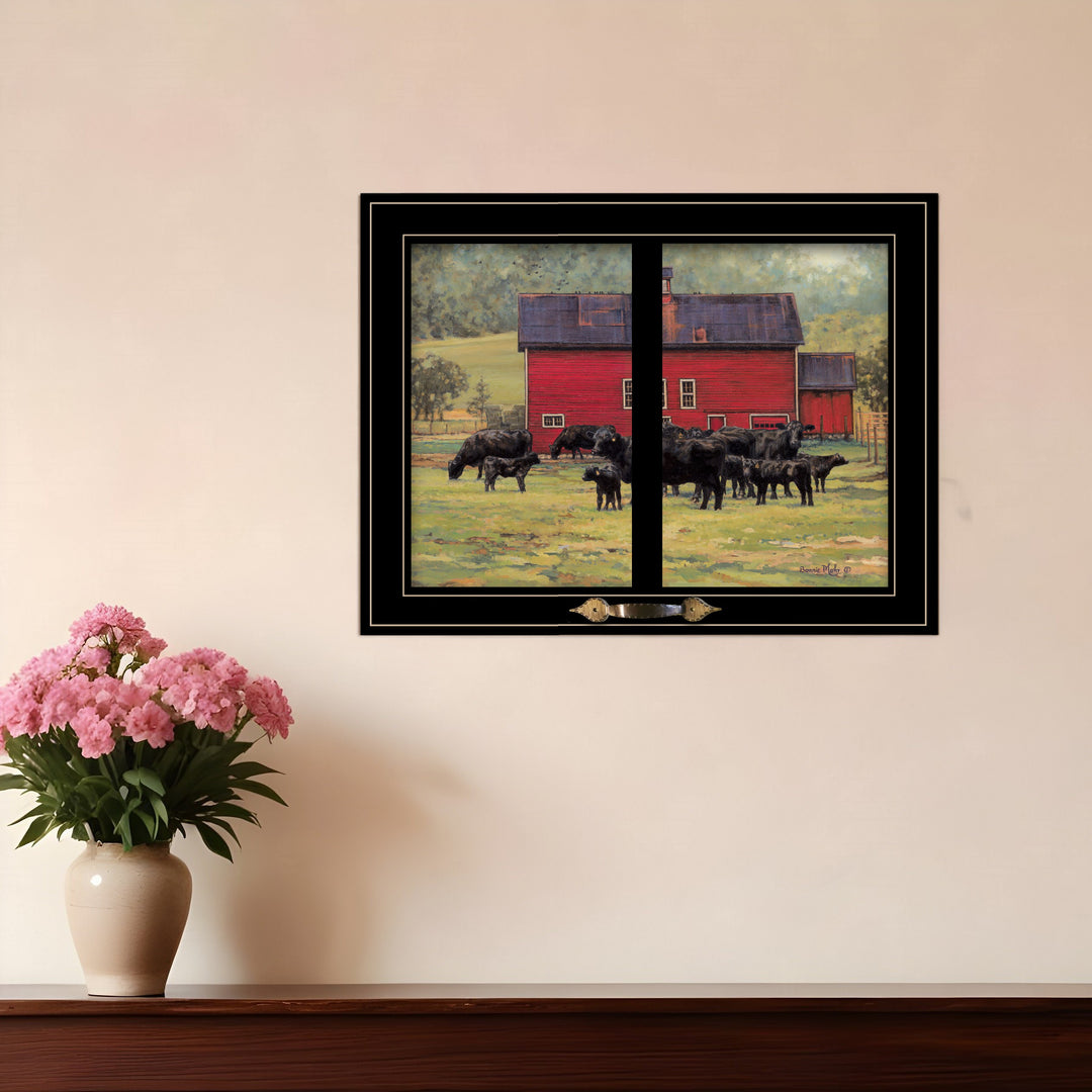 By the Red Barn Herd of Angus 2 Black Framed Print Wall Art