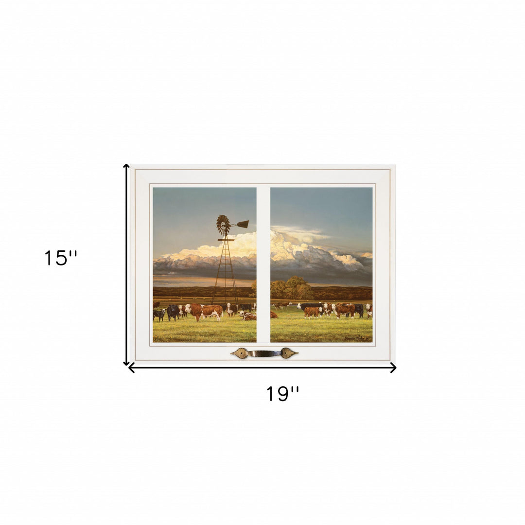 Summer Pastures Holstein cows with windmill 1 White Framed Print Wall Art