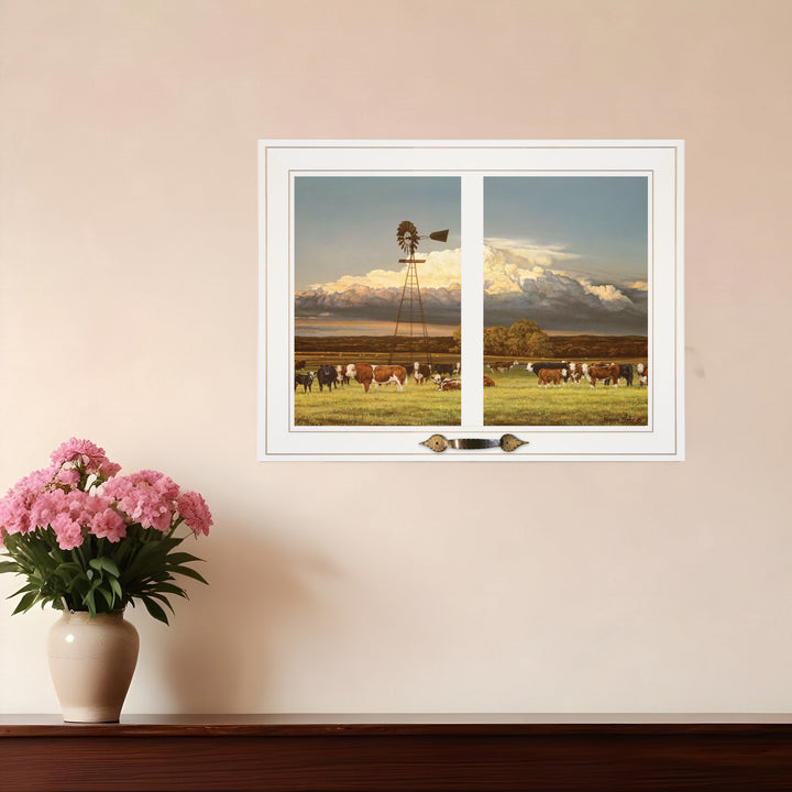 Summer Pastures Holstein cows with windmill 1 White Framed Print Wall Art