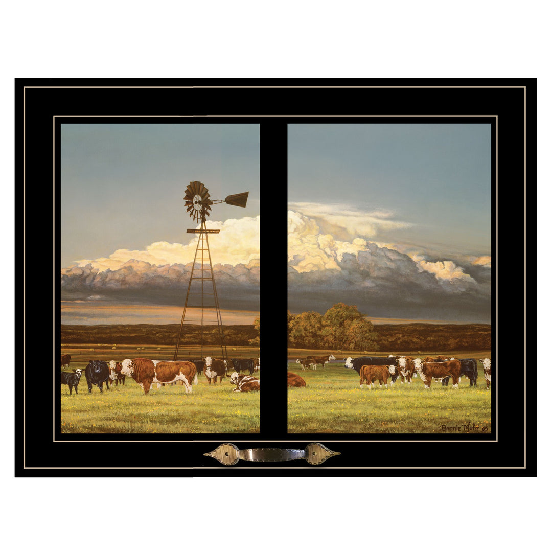 Summer Pastures Holstein cows with windmill 2 Black Framed Print Wall Art