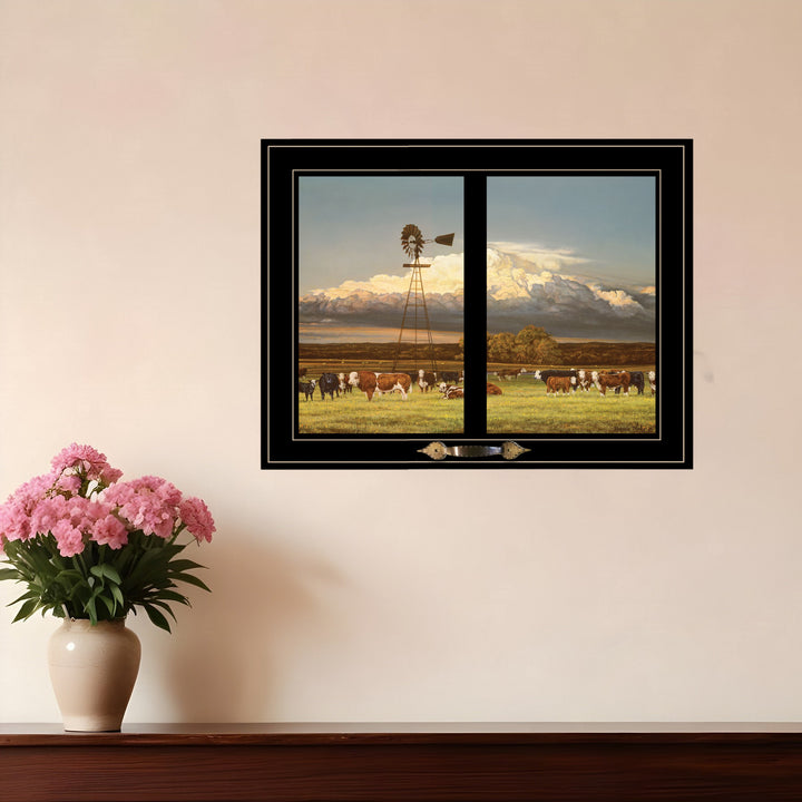 Summer Pastures Holstein cows with windmill 2 Black Framed Print Wall Art