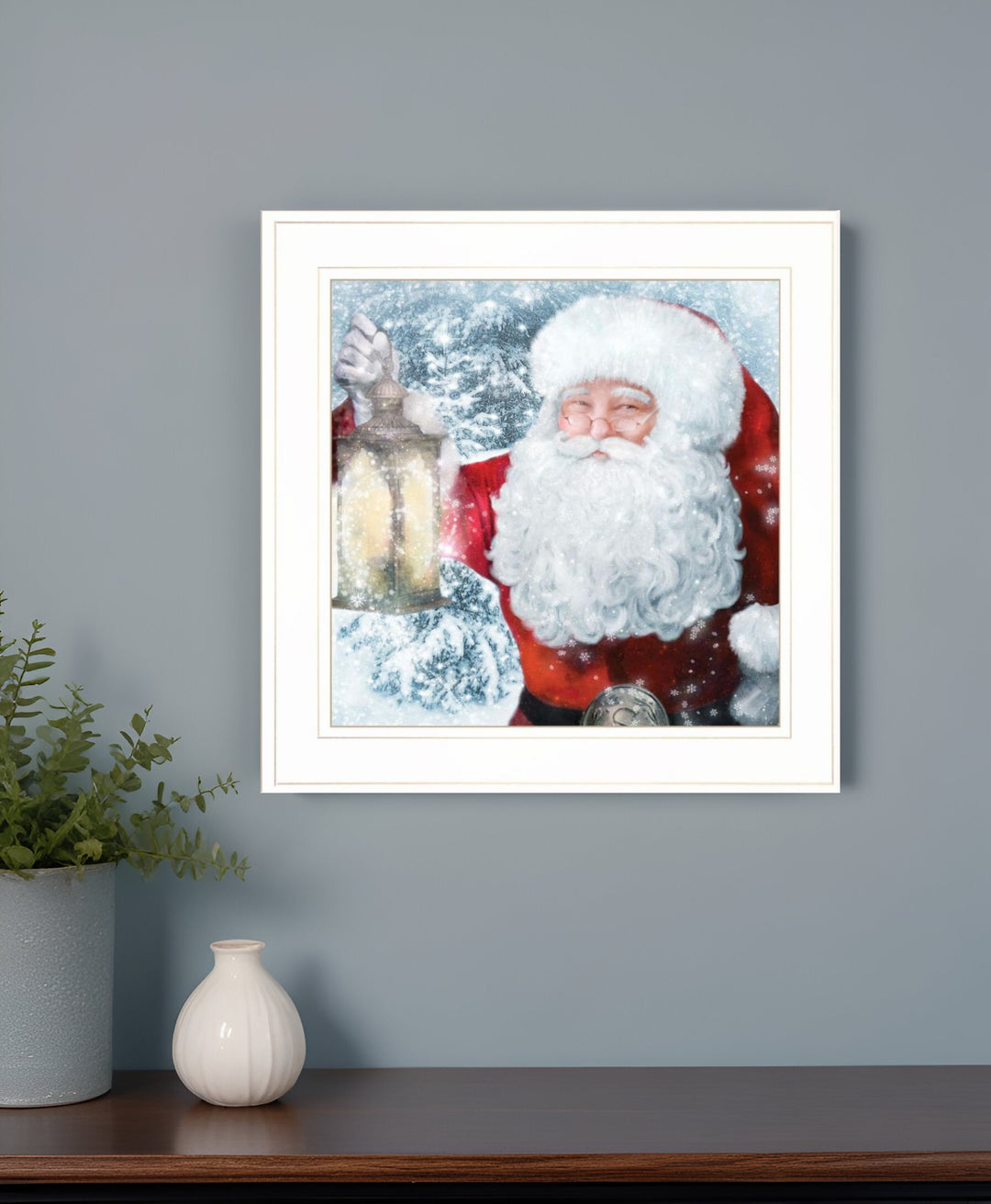 Santa with Lantern 1 White Framed Print Wall Art