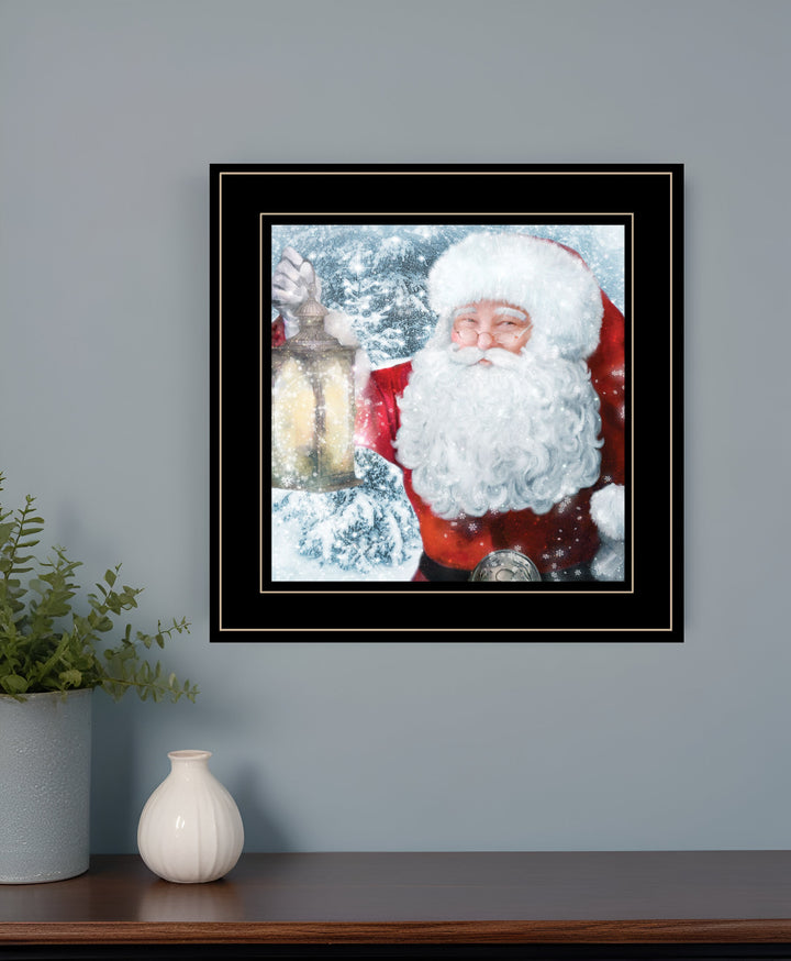 Santa with Lantern 2 Black Framed Print Wall Art