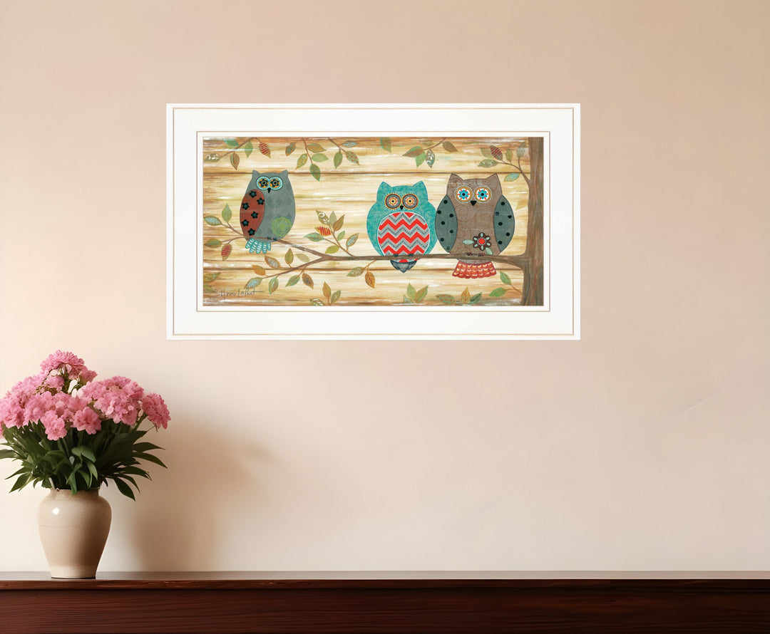 Three Wise Owls 2 White Framed Print Wall Art