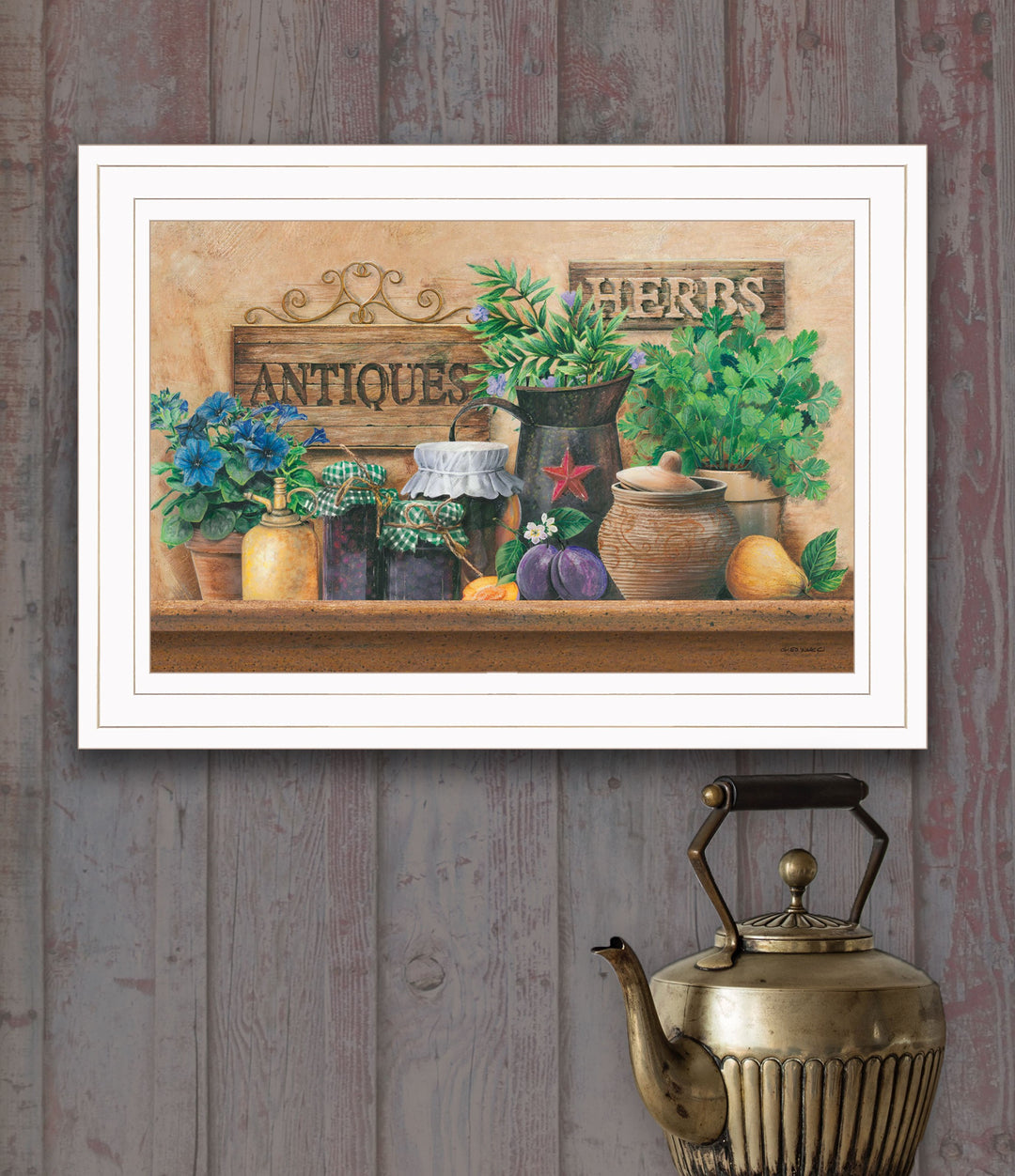 Antiques and Herbs 1 White Framed Print Kitchen Wall Art