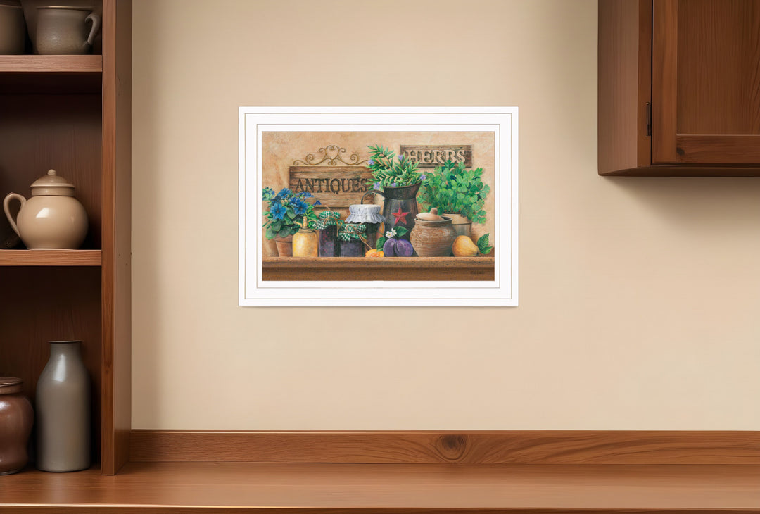 Antiques and Herbs 1 White Framed Print Kitchen Wall Art