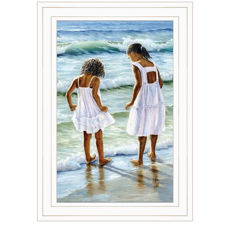 Two Girls at the Beach 2 White Framed Print Wall Art