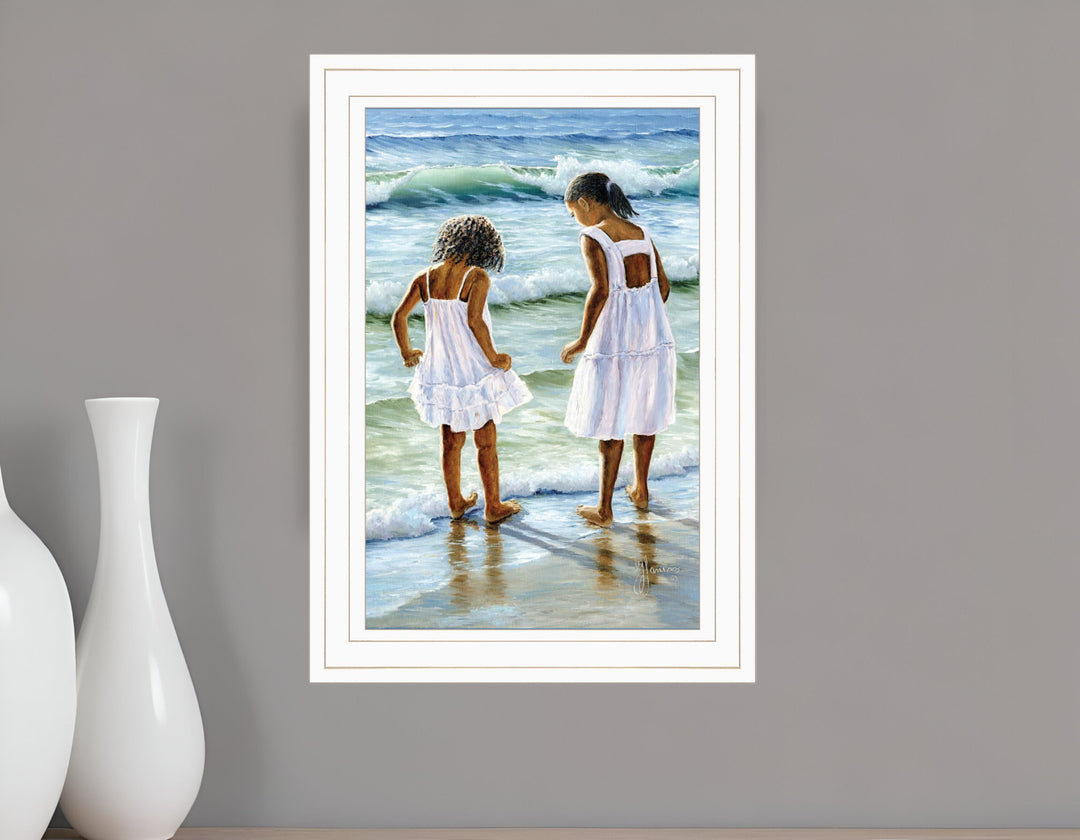 Two Girls at the Beach 2 White Framed Print Wall Art