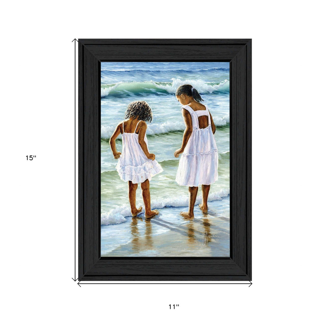 Two Girls at the Beach 3 Black Framed Print Wall Art