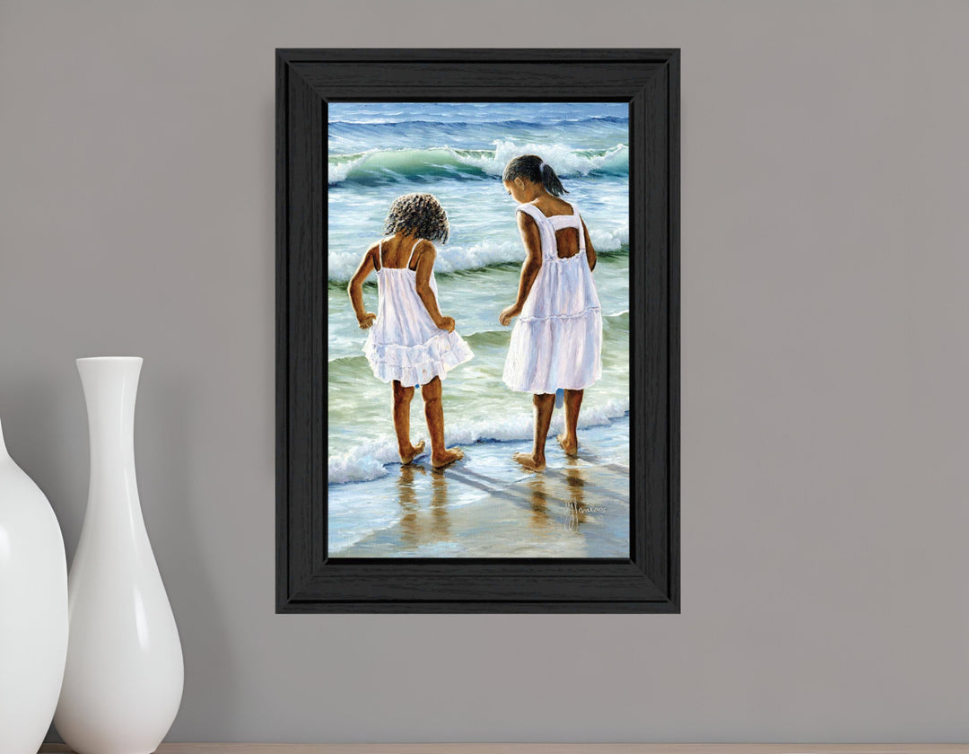 Two Girls at the Beach 3 Black Framed Print Wall Art