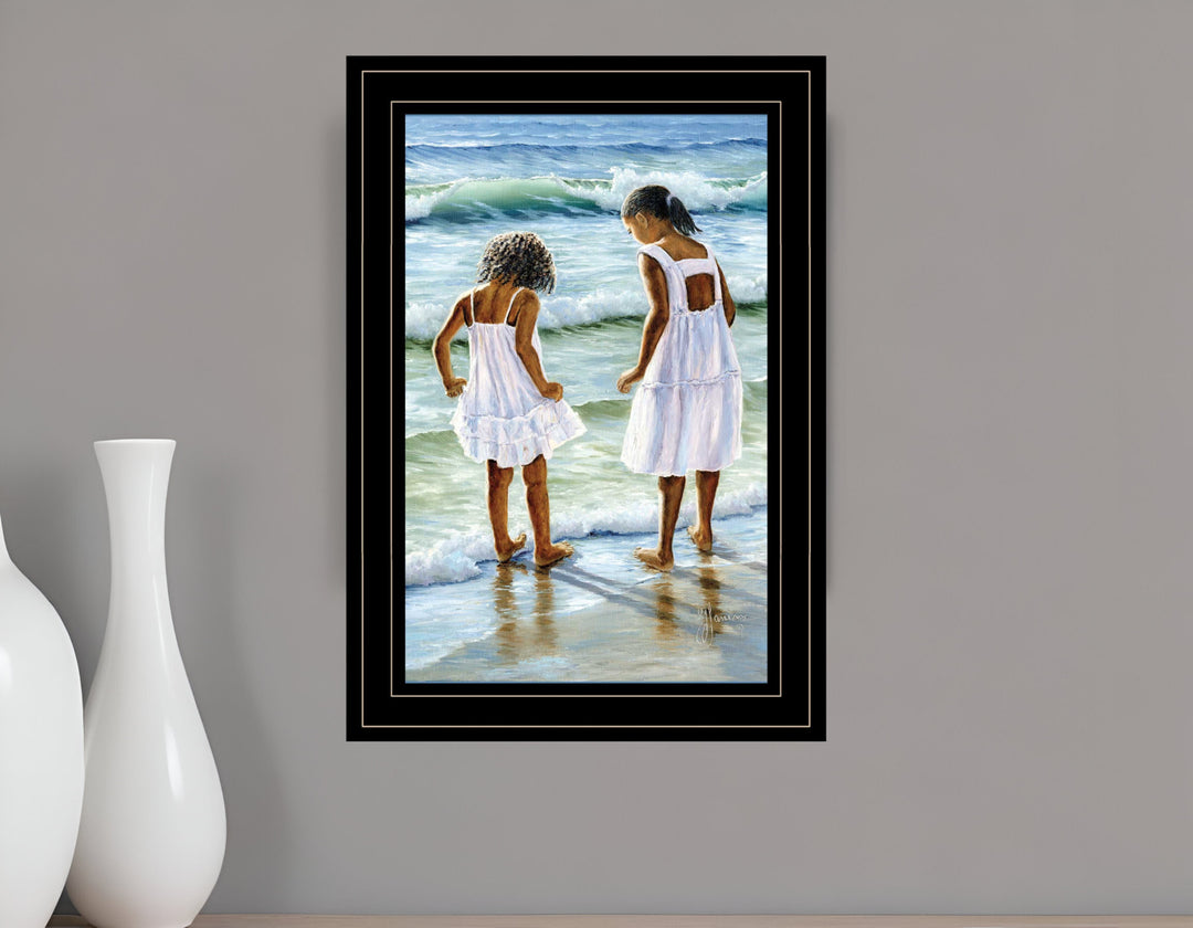 Two Girls at the Beach 4 Black Framed Print Wall Art