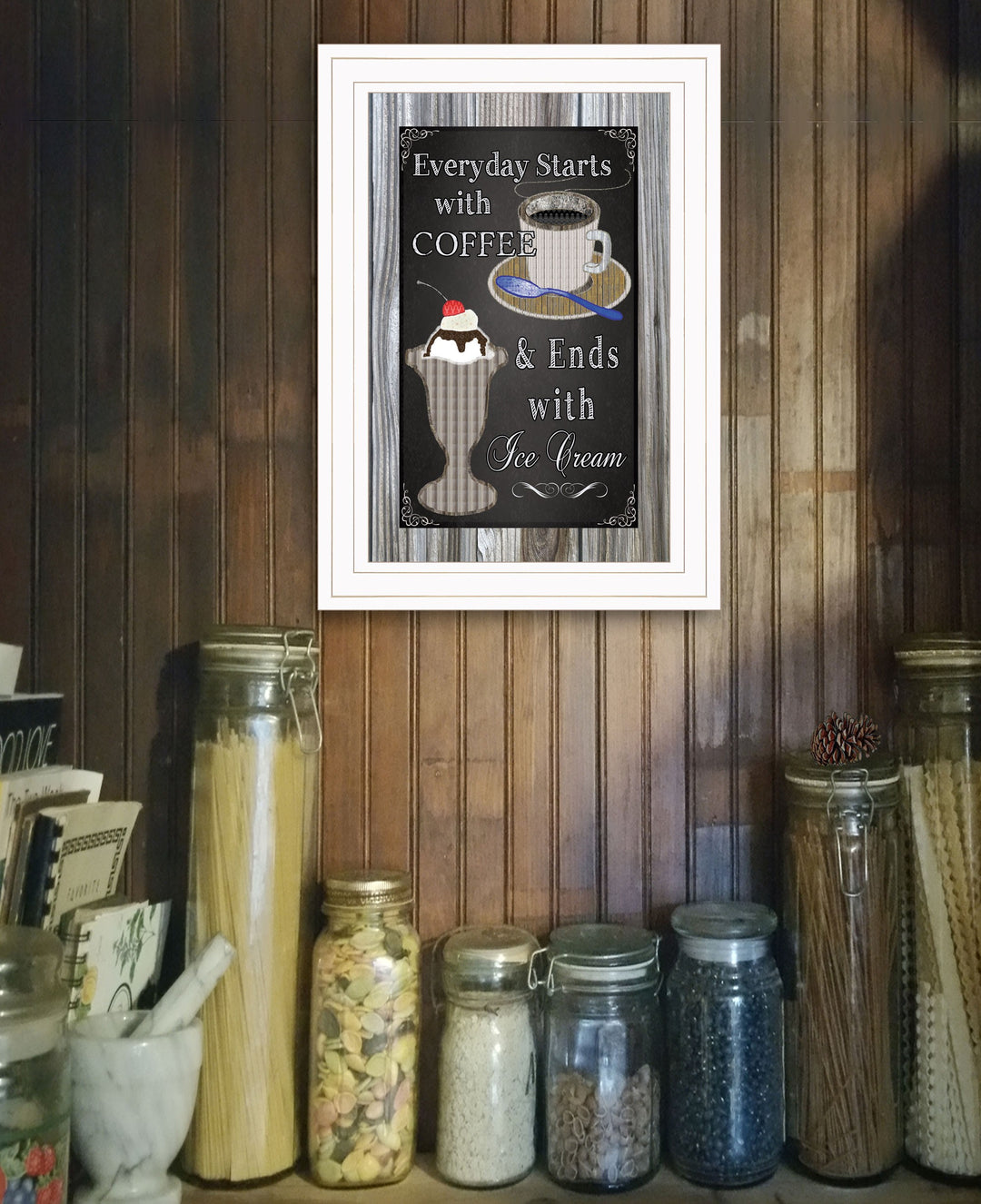 Everyday Starts with Coffee Chalkboard Framed 1 White Framed Print Kitchen Wall Art