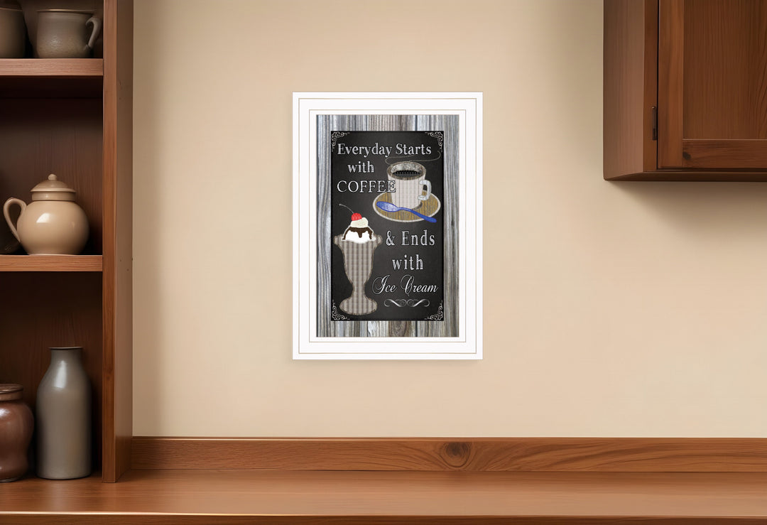 Everyday Starts with Coffee Chalkboard Framed 1 White Framed Print Kitchen Wall Art