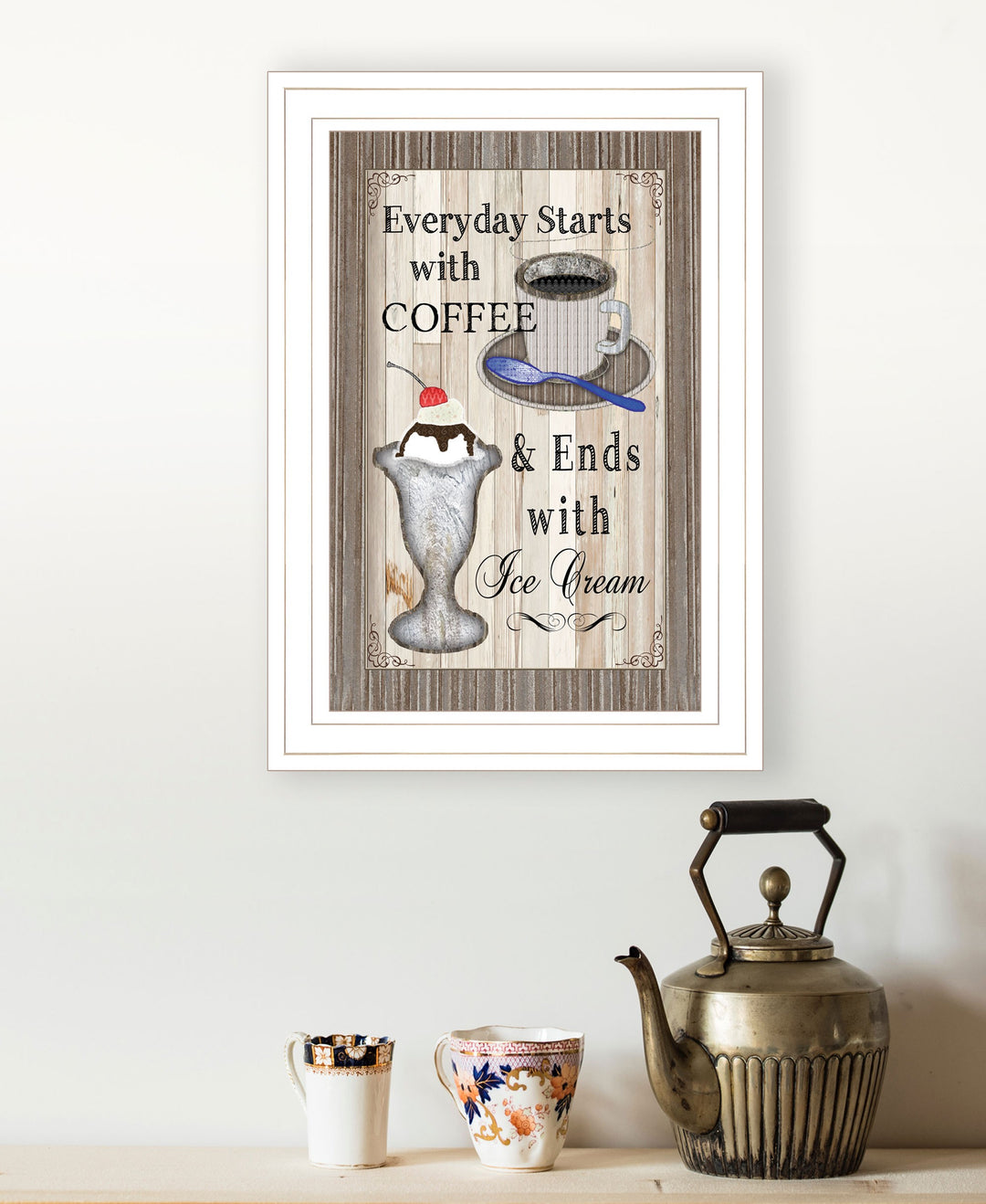 Everyday Starts with Coffee 1 White Framed Print Wall Art