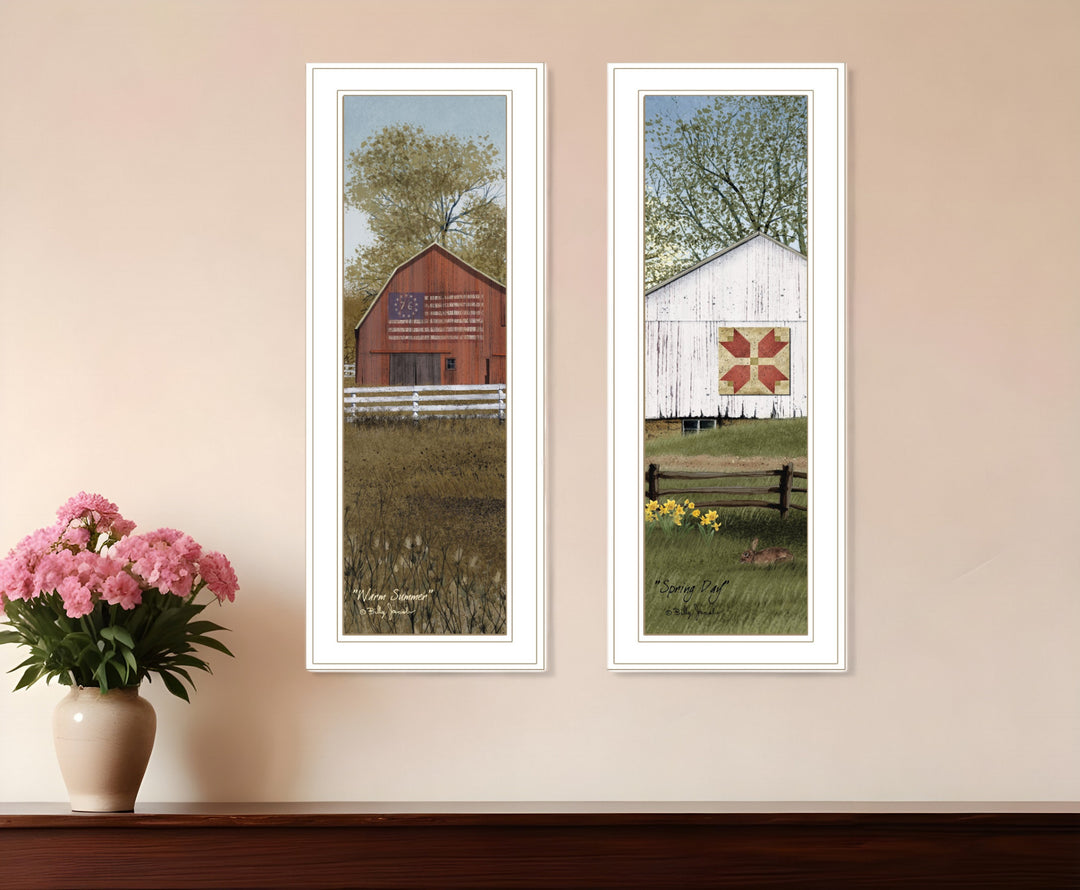 Set Of Two Country Barns 1 White Framed Print Wall Art