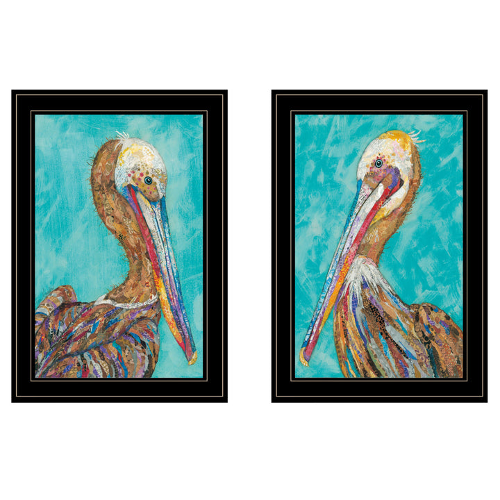 Set Of Two Pelicans Teal Black Framed Print Wall Art