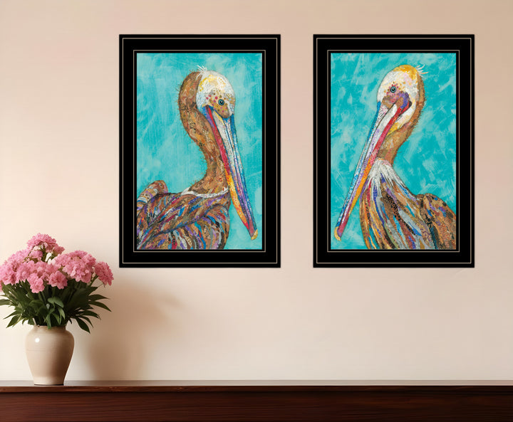 Set Of Two Pelicans Teal Black Framed Print Wall Art