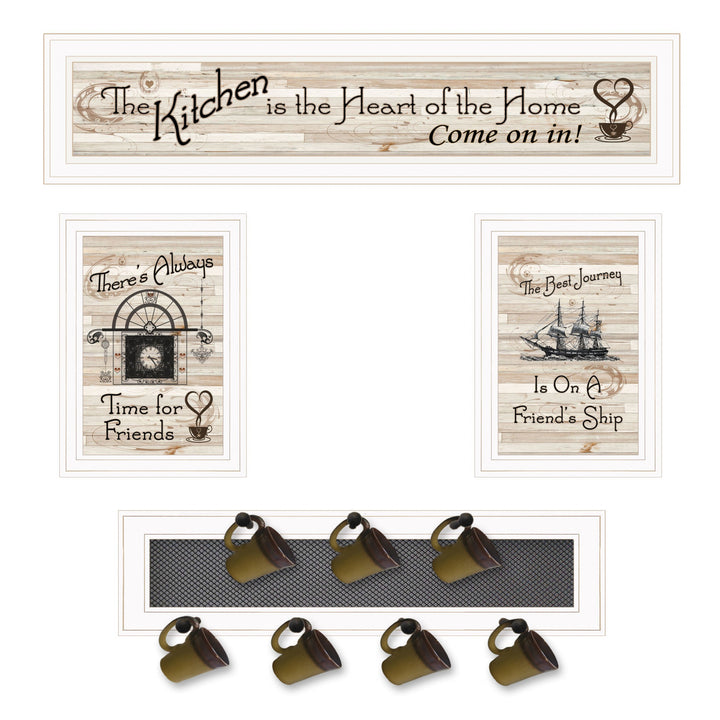 Set Of Four Kitchen Print 33x8 and Mug RackHorizonal 27x8x3 White Frame White Framed Print Kitchen Wall Art