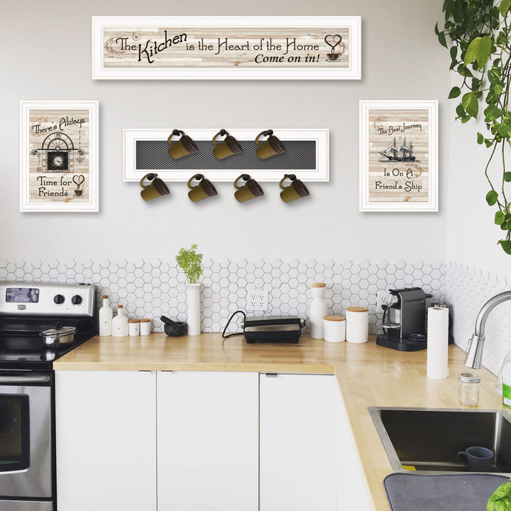 Set Of Four Kitchen Print 33x8 and Mug RackHorizonal 27x8x3 White Frame White Framed Print Kitchen Wall Art