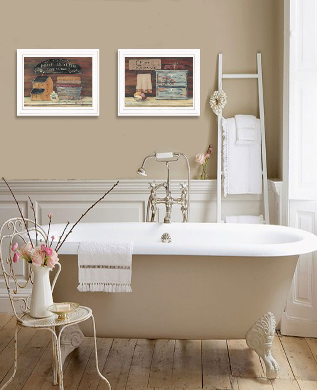 Set Of Two Hot Bath or Clean Towels 1 White Framed Print Bathroom Wall Art